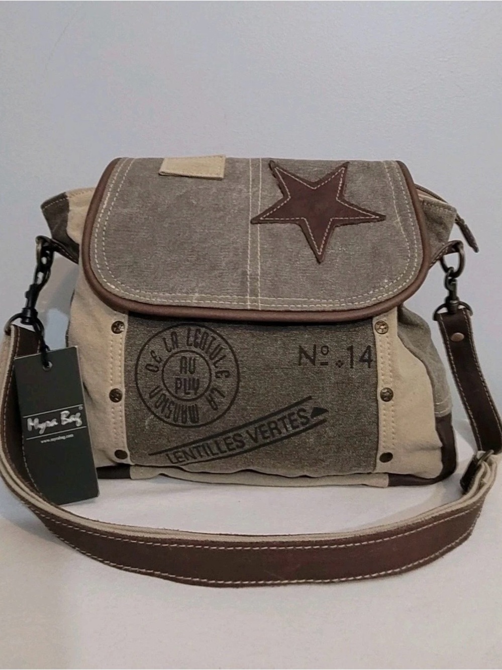 Myra Bag Canvas Leather Star Brown Trim Shoulder Bag Khaki Taupe